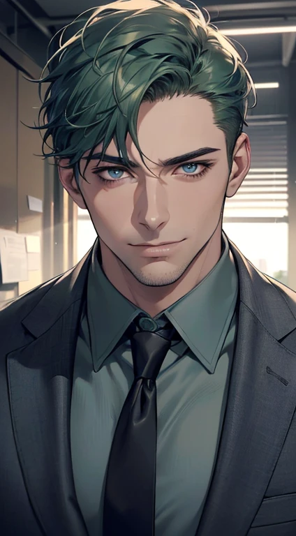 (best quality,4k,8k,highres,masterpiece:1.2),ultra-detailed,(realistic,photorealistic,photo-realistic:1.37),1 man,31 years old,mature man,very handsome,without expression,smile,short green hair,blue eyes,penetrating gaze,perfect face without errors,imposing posture,businessman,office background,cinematic lighting,hdr image