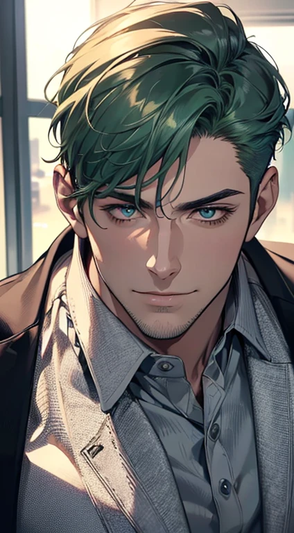 (best quality,4k,8k,highres,masterpiece:1.2),ultra-detailed,(realistic,photorealistic,photo-realistic:1.37),1 man,31 years old,mature man,very handsome,without expression,smile,short green hair,blue eyes,penetrating gaze,perfect face without errors,imposing posture,businessman,office background,cinematic lighting,hdr image