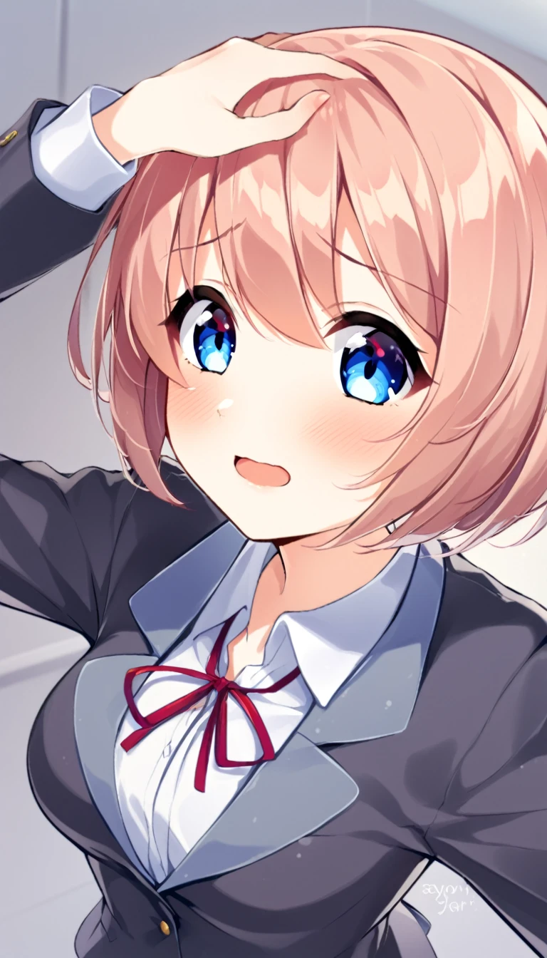 one girl, lovely, blazer, Sayori, my childhood friend, cute, short hair, blush, light blue eyes, love me, I stroke her head gently, feel happiness, from above, my hand on her head, look at me, ecstatic, I cherish her