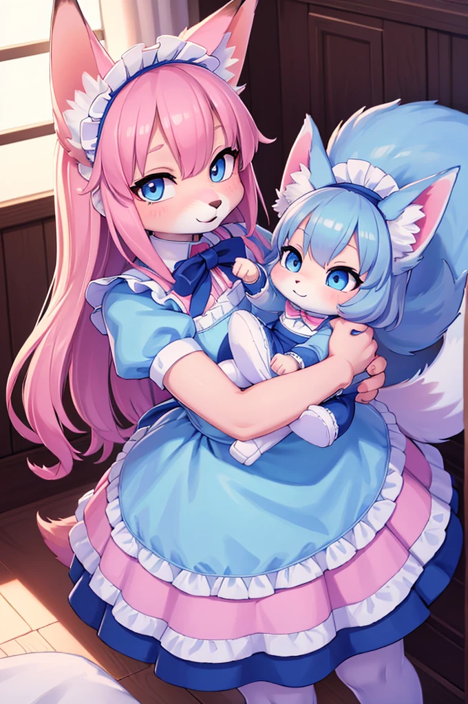 ((best quality)), ((masterpiece)), (Detailed) wolf girl in baby blue maid dress, fox girl in pink maid dress