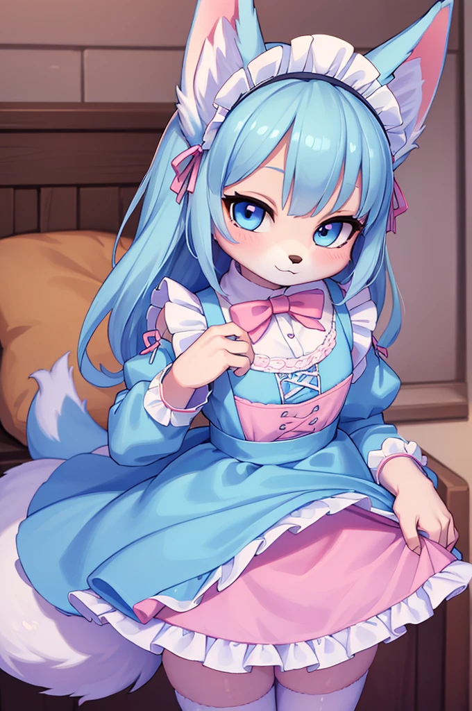 ((best quality)), ((​masterpiece)), (Detailed) wolf girl in baby blue maid dress, fox girl in pink maid dress
