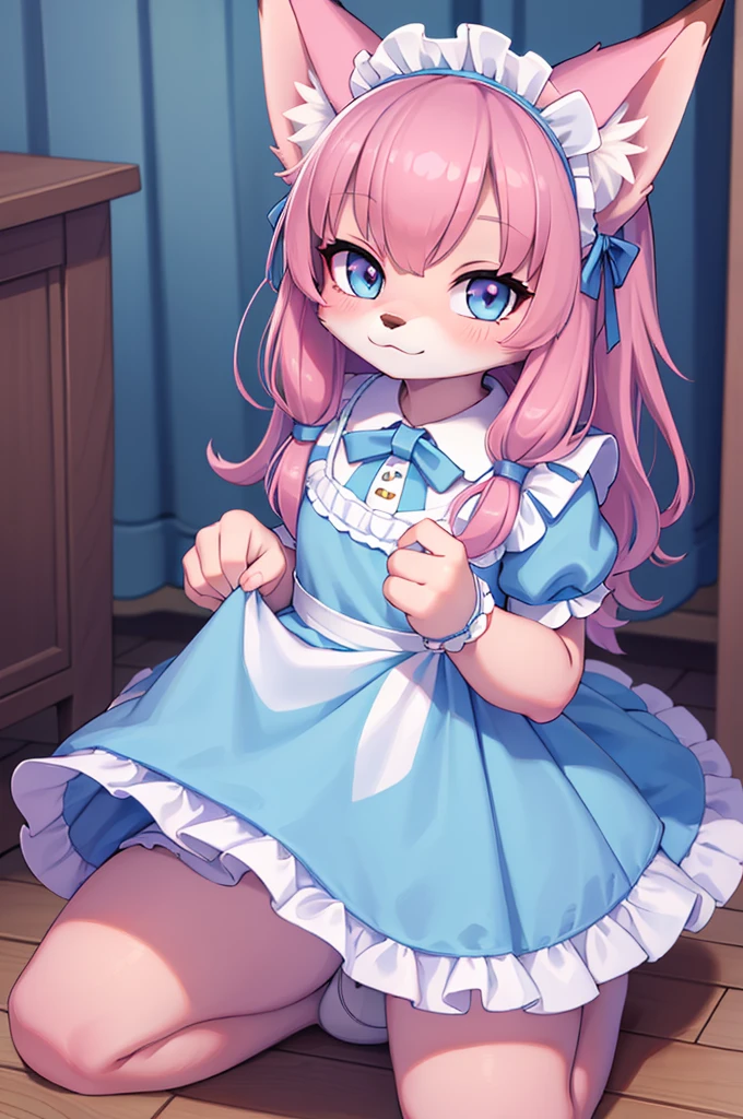 ((best quality)), ((masterpiece)), (Detailed) wolf girl in baby blue maid dress, fox girl in pink maid dress