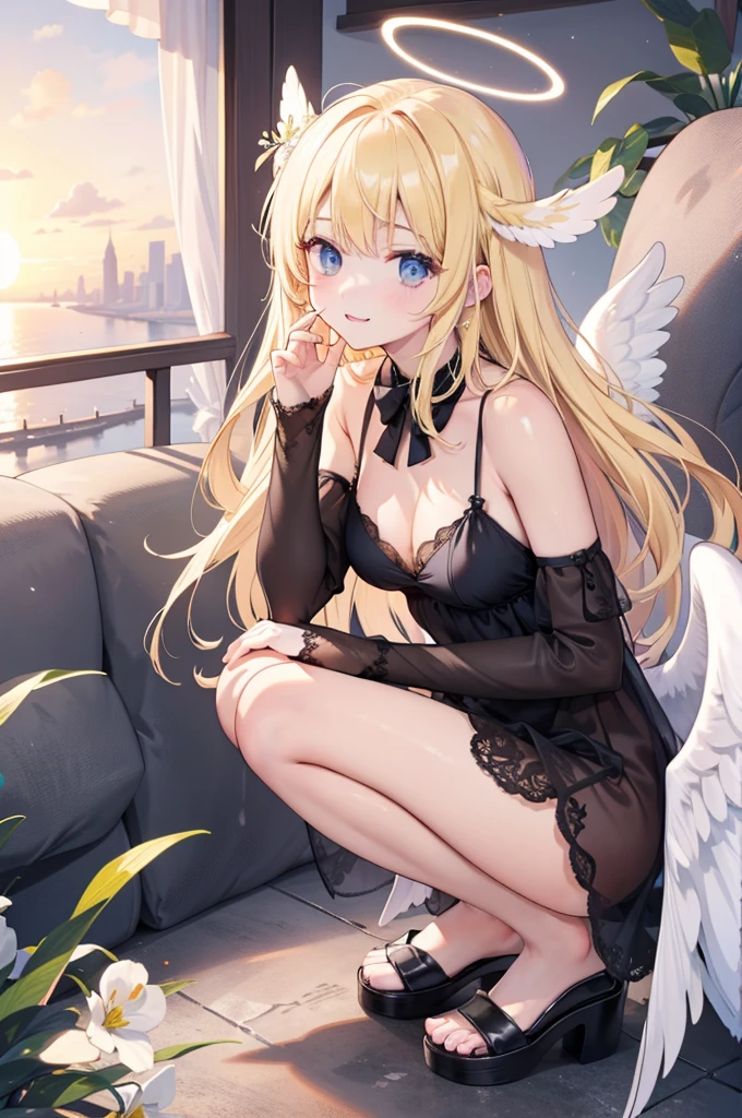 {{{masterpiece}}}, {very detailed CG}, amazing, in detail, alone, {{beautiful 풍경}}, sunset, {{wind}}, detailed background, beautiful, nipple, panties, Sheer mesh dress, bright eyes, {{whole body}}, dynamic pose, dynamic angle, looking at the viewer, Detailed clothes, beautiful sunset, enlargement, best quality, blonde long hair woman, {{beautiful}}, pretty, {laughing}, {{with angel wings}}, halo, shiny