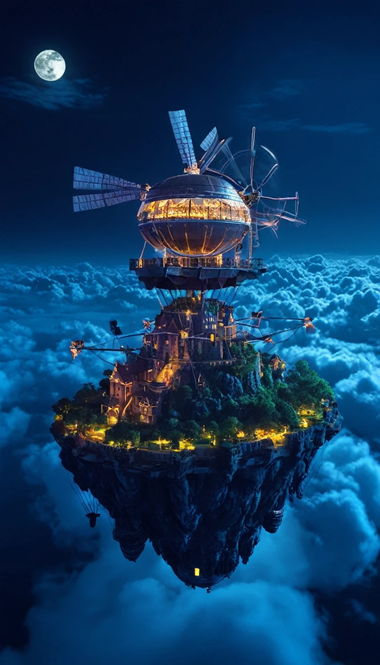 A photo of a floating island in the sky attached to an airship,ジブリ風 Castle in the Sky style, Castle in the Sky,windmill,, An aircraft turbine mounted on the bottom of the island, Above the Clouds, night, Illuminated floating island、Neon Light, Fantastic Big Full Moon, performer, Futuristic,