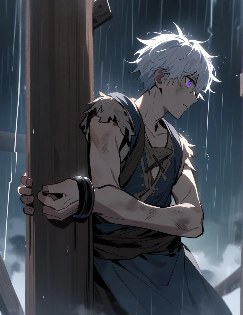 Greek boy with white hair, with violet eyes, wearing dirty and slightly torn country clothes, chained by his hands to a wooden post, looking at the sky on a rainy night with storms and lightning