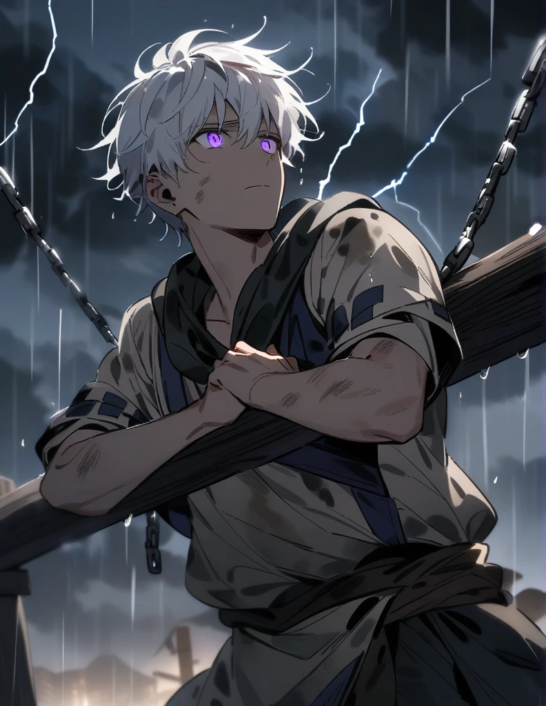 Greek boy with white hair, with violet eyes, wearing dirty and slightly torn country clothes, chained by his hands to a wooden post, looking at the sky on a rainy night with storms and lightning
