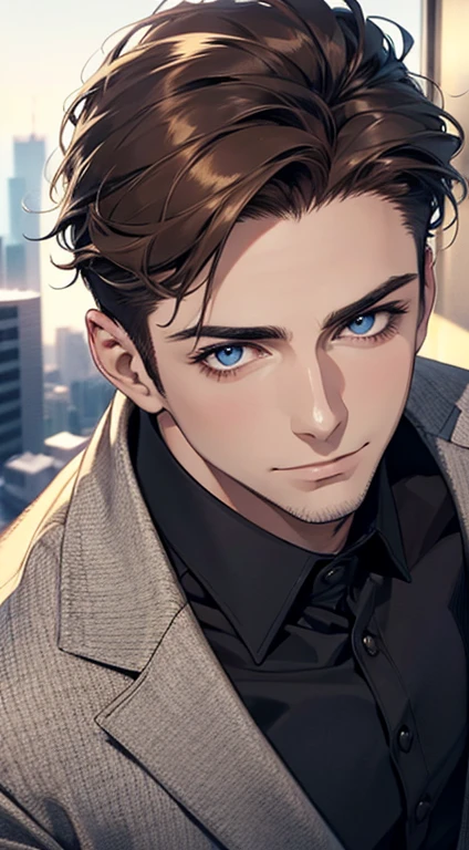 (best quality,4k,8k,highres,masterpiece:1.2),ultra-detailed,(realistic,photorealistic,photo-realistic:1.37),1 man,31 years old,mature man,very handsome,without expression,smile,short grey brown hair,blue eyes,penetrating gaze,perfect face without errors,imposing posture,businessman,office background,cinematic lighting,hdr image