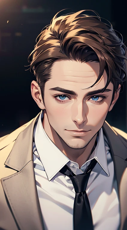 (best quality,4k,8k,highres,masterpiece:1.2),ultra-detailed,(realistic,photorealistic,photo-realistic:1.37),1 man,31 years old,mature man,very handsome,without expression,smile,short grey brown hair,blue eyes,penetrating gaze,perfect face without errors,imposing posture,businessman,office background,cinematic lighting,hdr image