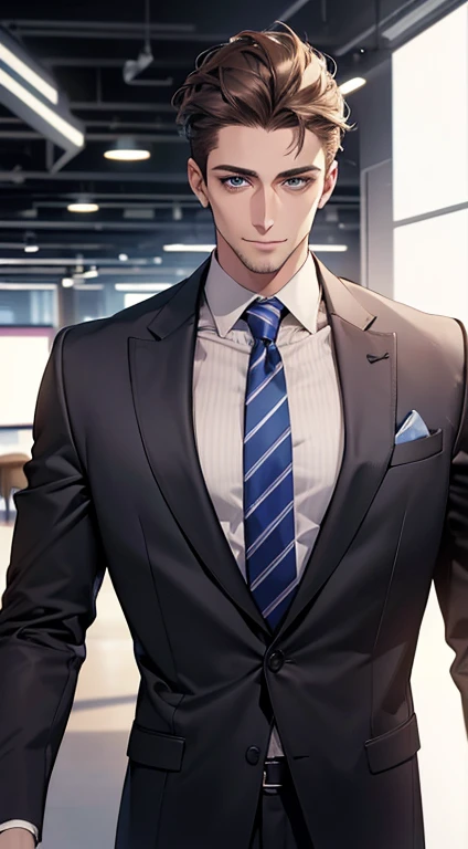 (best quality,4k,8k,highres,masterpiece:1.2),ultra-detailed,(realistic,photorealistic,photo-realistic:1.37),1 man,31 years old,mature man,very handsome,without expression,smile,short grey brown hair,blue eyes,penetrating gaze,perfect face without errors,imposing posture,businessman,office background,cinematic lighting,hdr image