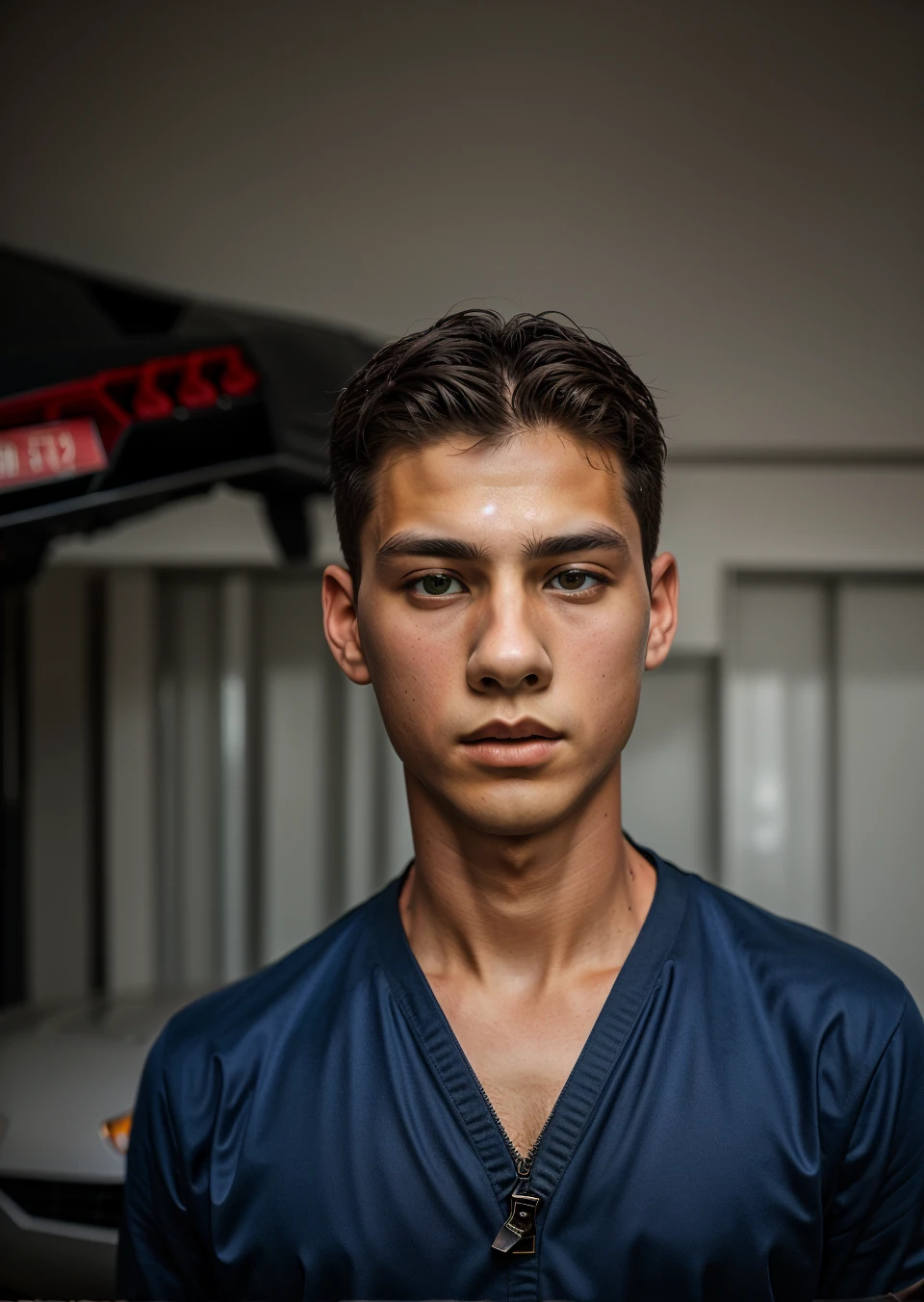 Full body shot, ((8k portrait, cenmatic,sixteen years old boy and he stand front in Lamborghini