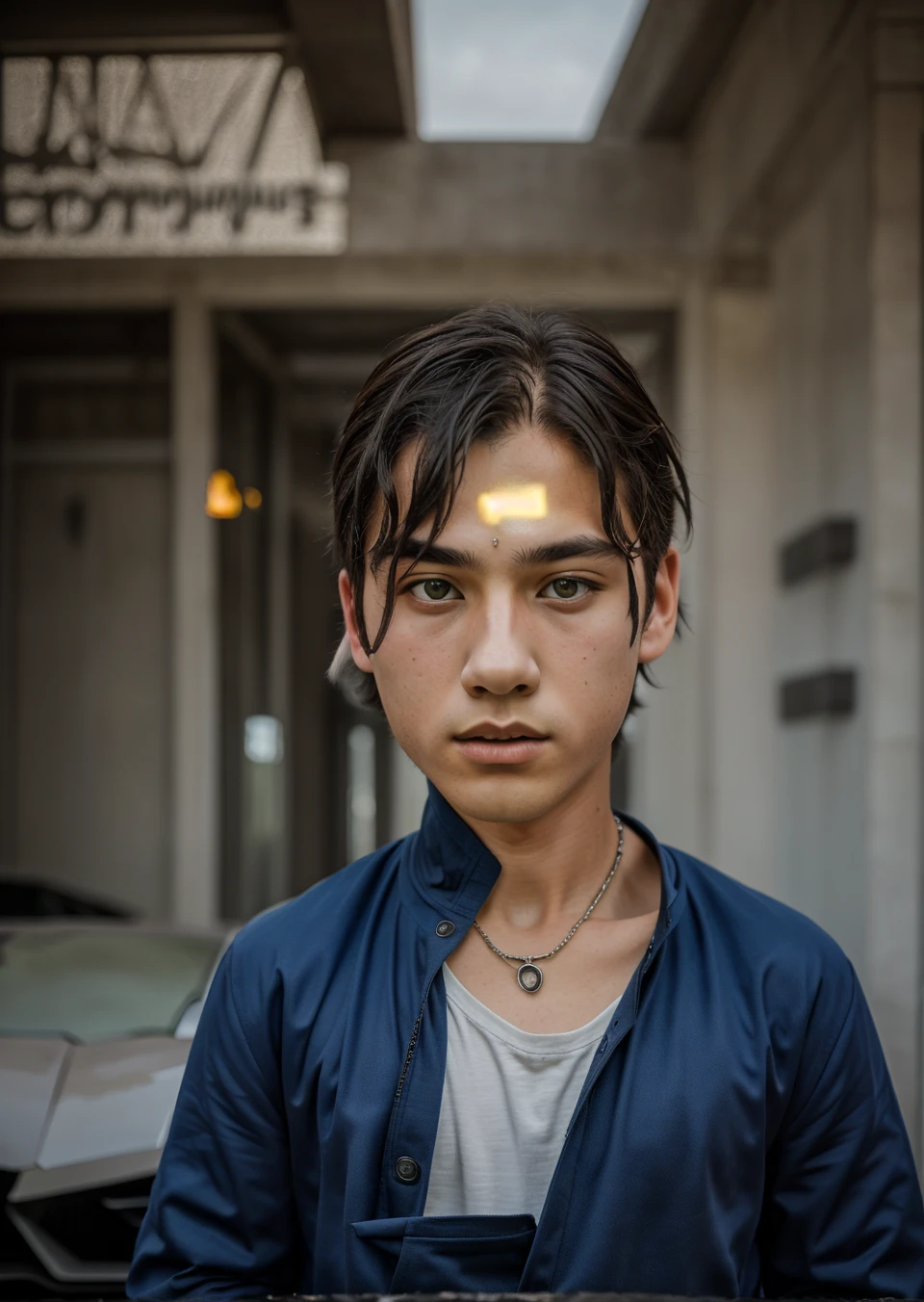 Full body shot, ((8k portrait, cenmatic,sixteen years old boy and he stand front in Lamborghini