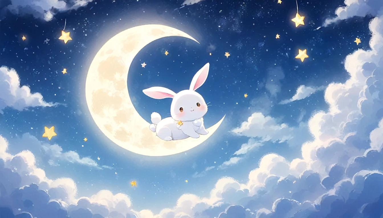 White rabbit flying in the sky(picture book style)Close-up of the full moon behind its back 1.2(Theme pattern is centered), Lovely digital art, cute illustration, Moon Smiley Face with Cute Blush, Lovely digital painting, the Moon and stars,自然渲染漂亮柔和光影 dreamy illustration, illustration, to the moon, Playful and cute white rabbit.Moon and stars, illustration!, a beautiful artwork illustration, Lovely and detailed digital art, lovely artwork, author:Ni Duan, cute storybook illustration.a storybook illustration