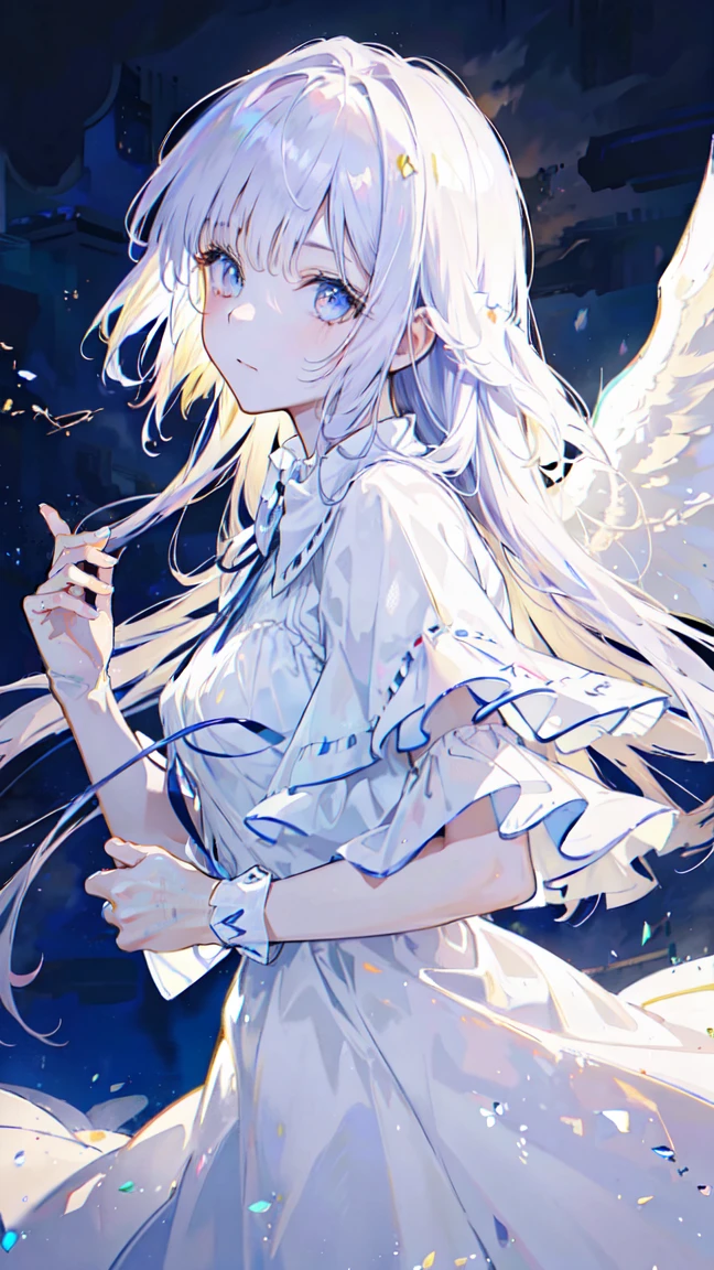 a beautiful angel with flowing white dress, wings spread, hand on hip, side view, (best quality,4k,8k,highres,masterpiece:1.2),ultra-detailed,(realistic,photorealistic,photo-realistic:1.37),HDR,UHD,studio lighting,extremely detailed face and eyes,delicate facial features,long eyelashes,smooth skin,intricate dress folds,glowing skin,angelic expression,sunlight streaming through clouds,simple background