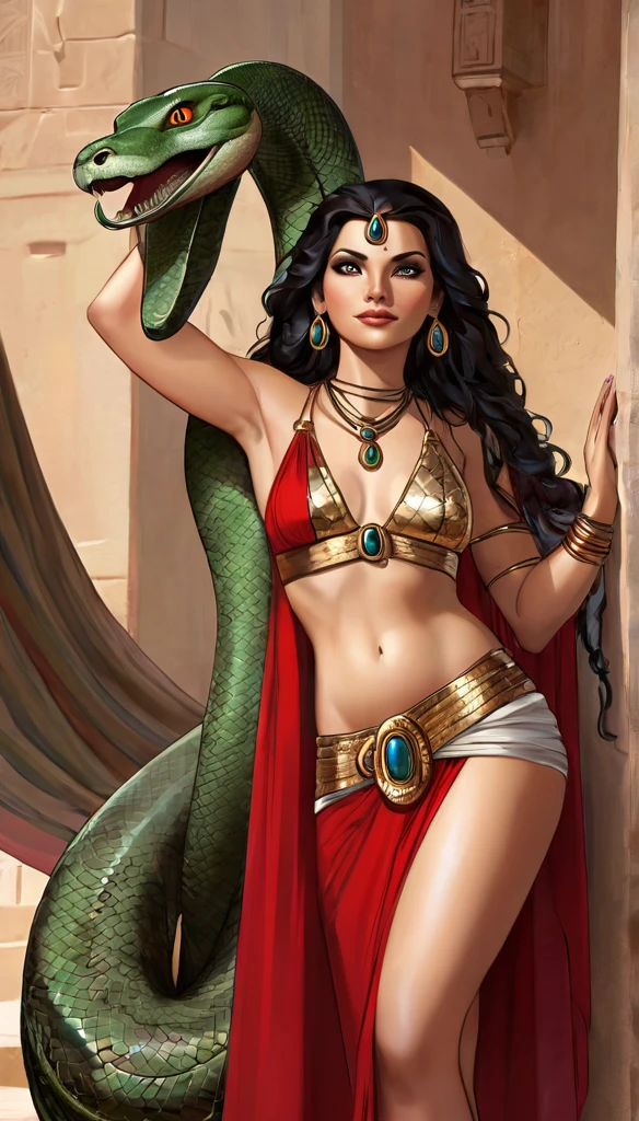 Femme égyptienne, corps sexy, a l'Égypte antique, avec une très forte poitrine, a la peau de serpent, dans un temple égyptien, porte une robe rouge et maron couleur sable, moule le corps, vêtements transparent, femme avec de long cheveux raide noirs orné de nombreux bijoux,  la femme est très enceinte de serpent, sa poitrine est gonflé de lait, la femme a des crochets de serpent visible lorsqu'elle sourit, la femme a des yeux doré a pupilles reptilienne, la femme et une femme serpent