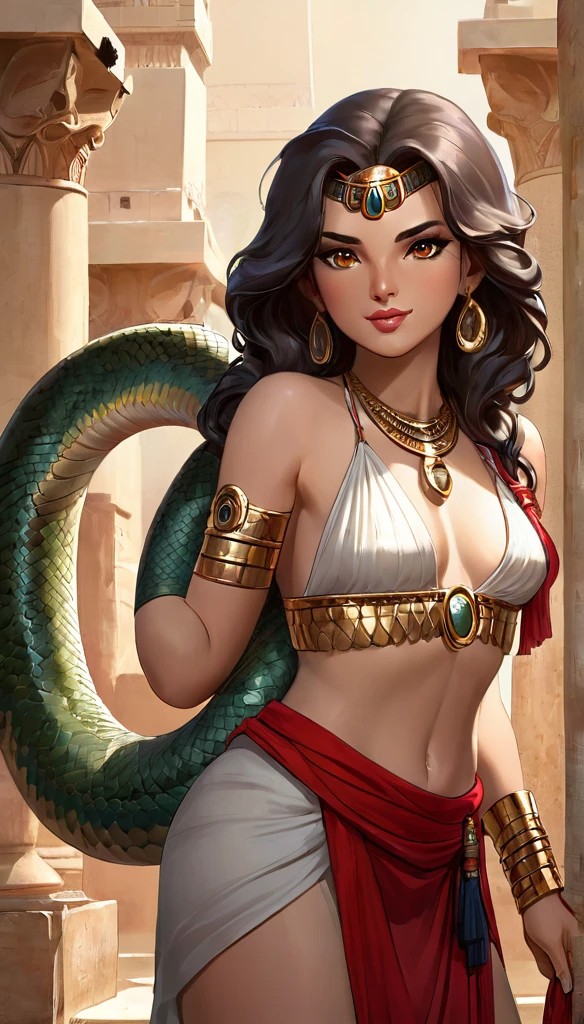 Femme égyptienne, corps sexy, a l'Égypte antique, avec une très forte poitrine, a la peau de serpent, dans un temple égyptien, porte une robe rouge et maron couleur sable, moule le corps, vêtements transparent, femme avec de long cheveux raide noirs orné de nombreux bijoux,  la femme est très enceinte de serpent, sa poitrine est gonflé de lait, la femme a des crochets de serpent visible lorsqu'elle sourit, la femme a des yeux doré a pupilles reptilienne, la femme et une femme serpent