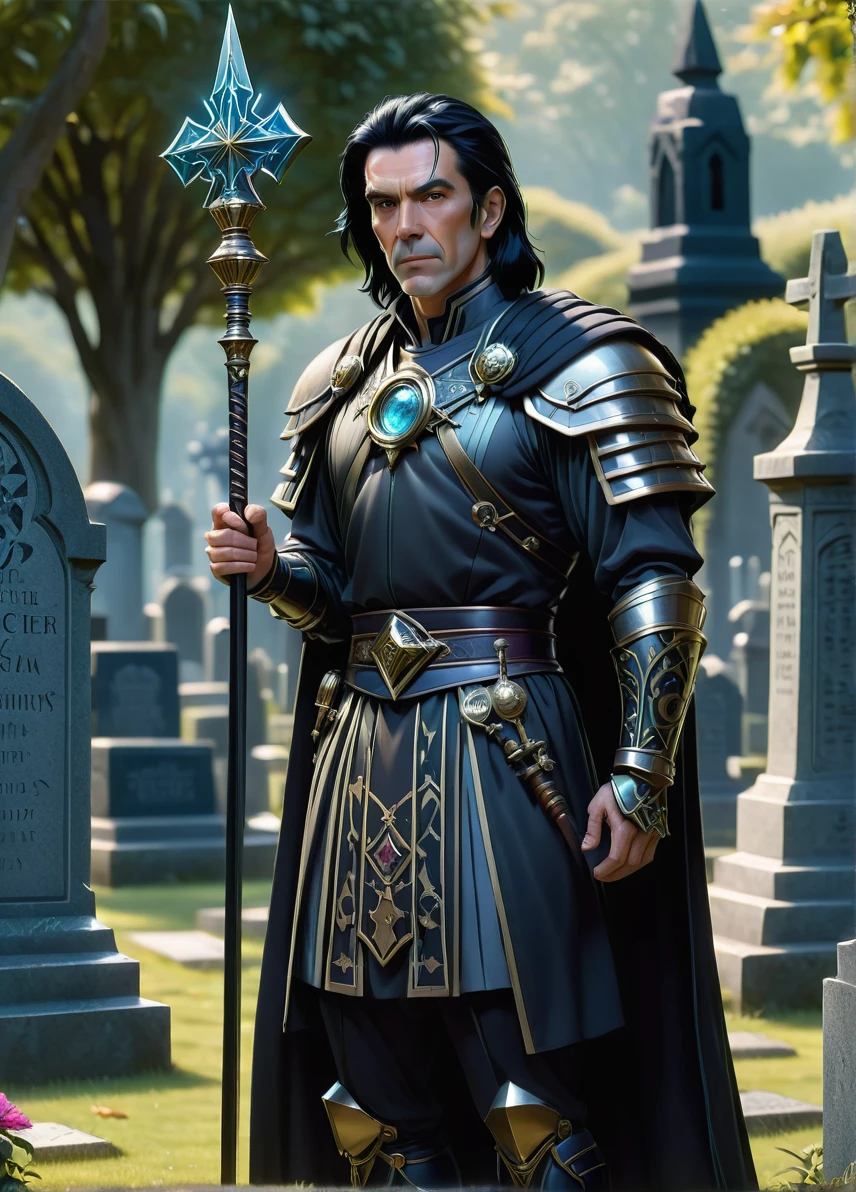 necromancer, mature slim male, bold spot black hair, skinny, magi symbols and patterns, old graveyard, cemetery , holding an staff, full shot, ((looking at viewer:1.2), (from side:0.8)), full armor, athletic, volumetric lighting dynamic lighting, real shadows, vibrant contrasting colors, style of Stephen Hickman and Stan Manoukian, ultra realistic, masterpiece, high quality, highres, sharp focus, intricate, sharp details, highly detailed, rich color, 8K,