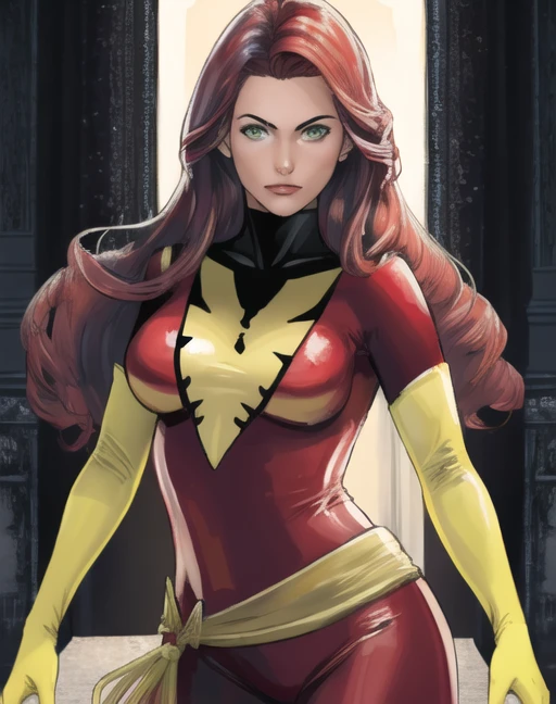 beautiful, (masterpiece:1.2), (best quality:1.2), vibrant, perfect face, 1girl, Dorotheaarnault, red bodysuit, yellow elbow gloves