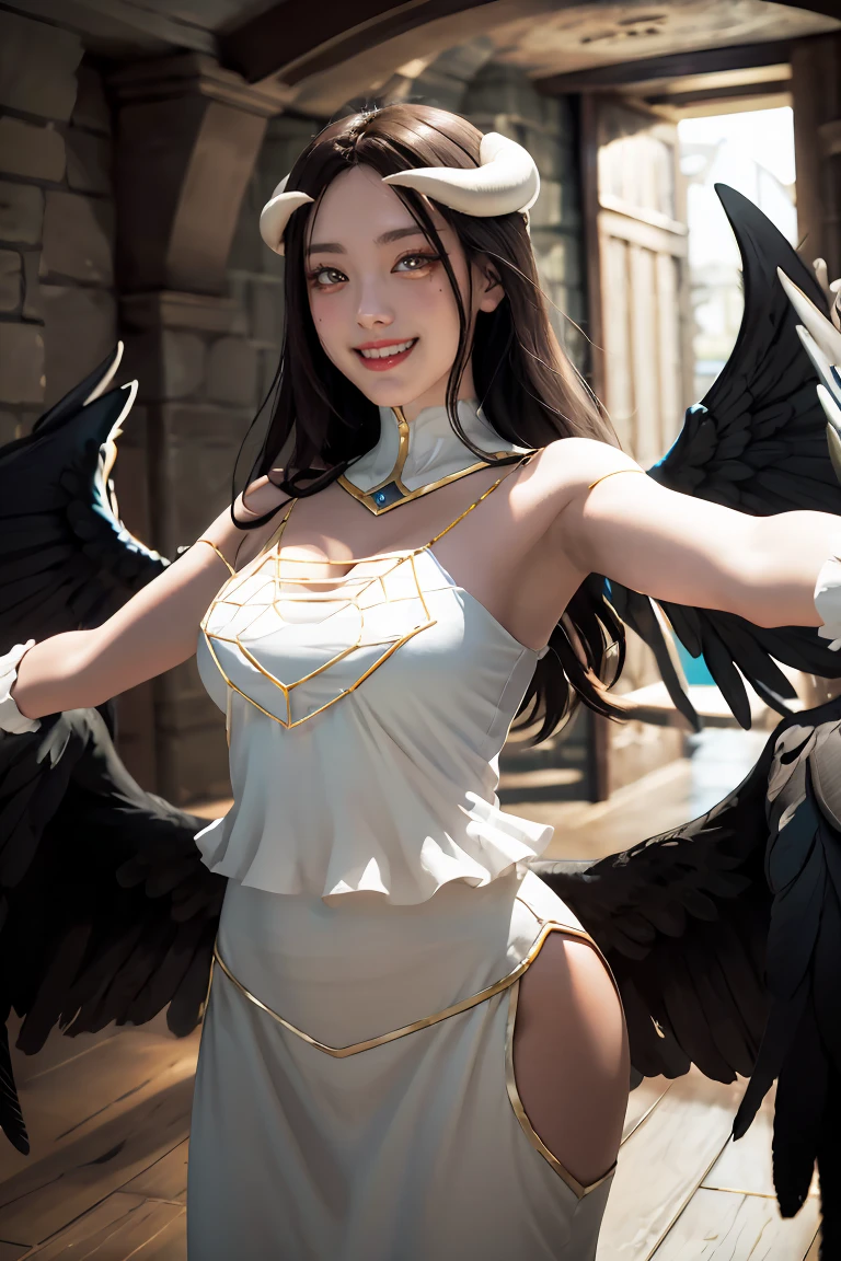 masterpiece, best quality, highres, al1, demon horns, slit pupils, white gloves, white dress, bare shoulders, detached collar, cleavage, black wings, feathered wings, low wings, cowboy shot, standing, dungeon, evil smile, reaching out, spread arms, outstretched arms,