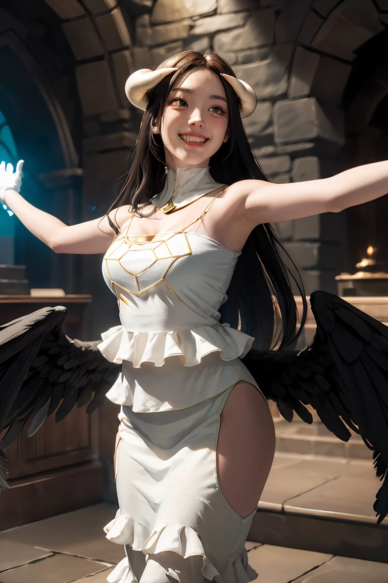 masterpiece, best quality, highres, al1, demon horns, slit pupils, white gloves, white dress, bare shoulders, detached collar, cleavage, black wings, feathered wings, low wings, cowboy shot, standing, dungeon, evil smile, reaching out, spread arms, outstretched arms,