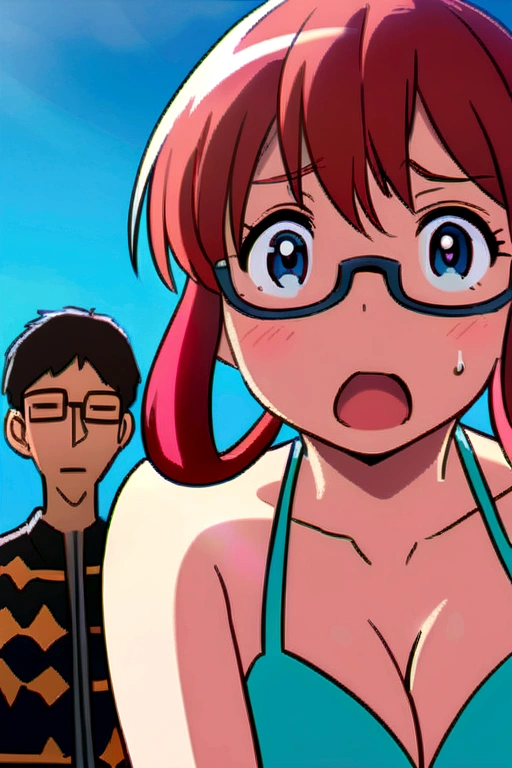 Chichona anime woman in a bikini with glasses and a guy behind her in awe of her