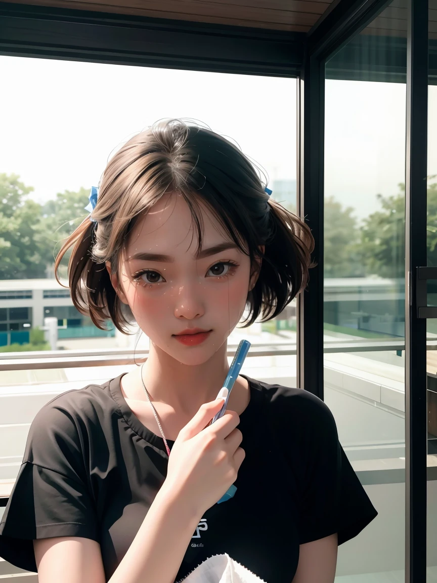 masterpiece, best quality,8k resolution,realistic,, 1 girl, Crying, girl wiping glass