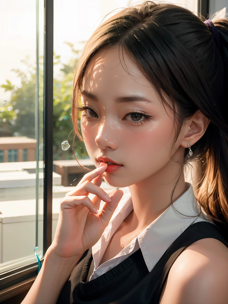 masterpiece, best quality,8k resolution,realistic,, 1 girl, Crying, girl wiping glass