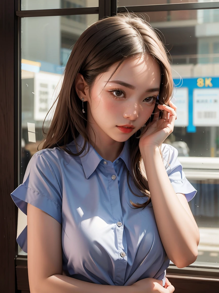 masterpiece, best quality,8k resolution,realistic,, 1 girl, Crying, girl wiping glass