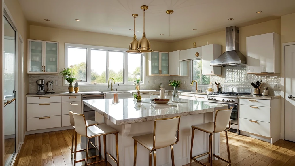 a modern kitchen with white cabinets and a large island that has a breakfast bar with three stools. The island has a wood countertop and the stools are light beige with gold frames. The kitchen has white subway tile backsplash and a stainless steel stovetop. A window is behind the sink with a view of the outside. The top of the island has various decor items, including a teacup, a teapot, a basket, and a napkin. The kitchen has a modern feel and is well-lit. The image is a beautiful representation of a modern kitchen design. There are plants hanging in the kitchen which adds to the homey feel of the space.