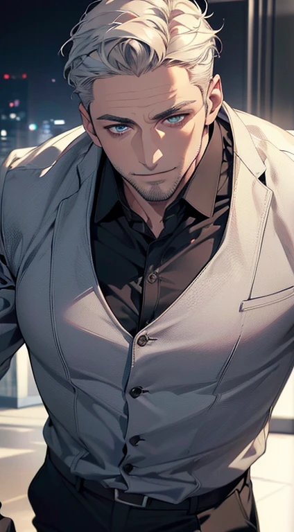 (best quality,4k,8k,highres,masterpiece:1.2),ultra-detailed,(realistic,photorealistic,photo-realistic:1.37),1 man,31 years old,mature man,very handsome,without expression,smile,short white hair,blue eyes,penetrating gaze,perfect face without errors,imposing posture,businessman,office background,cinematic lighting,hdr image