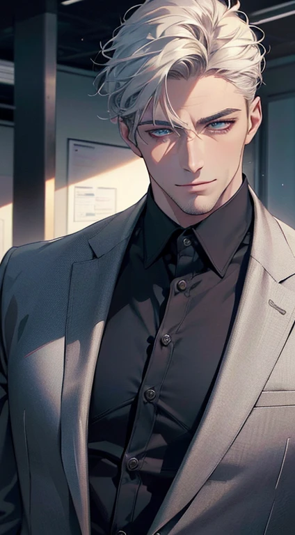 (best quality,4k,8k,highres,masterpiece:1.2),ultra-detailed,(realistic,photorealistic,photo-realistic:1.37),1 man,31 years old,mature man,very handsome,without expression,smile,short white hair,blue eyes,penetrating gaze,perfect face without errors,imposing posture,businessman,office background,cinematic lighting,hdr image