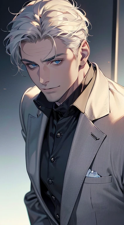 (best quality,4k,8k,highres,masterpiece:1.2),ultra-detailed,(realistic,photorealistic,photo-realistic:1.37),1 man,31 years old,mature man,very handsome,without expression,smile,short white hair,blue eyes,penetrating gaze,perfect face without errors,imposing posture,businessman,office background,cinematic lighting,hdr image