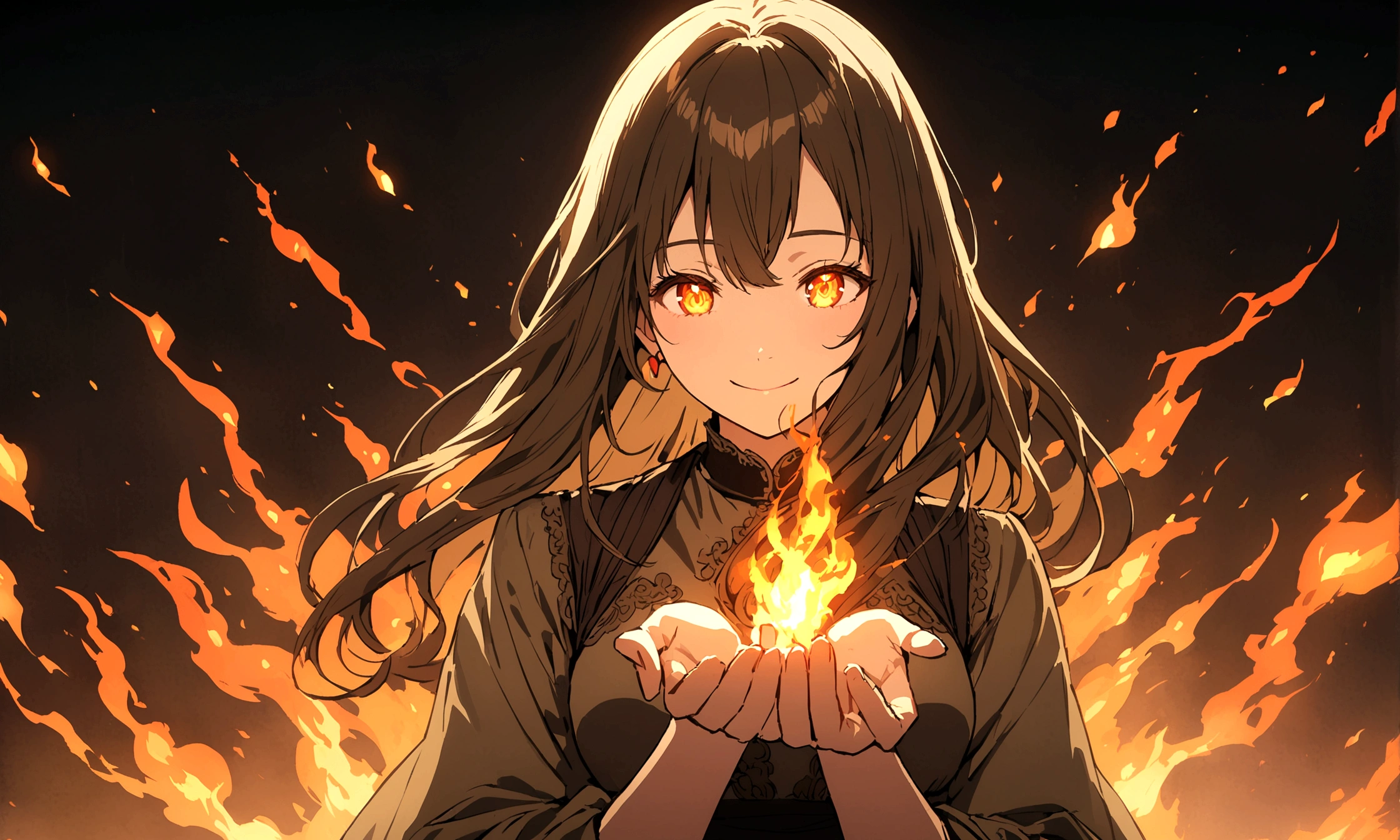 Anime woman with brown shoulder-length hair conjures with fire over her hands. Fire in her eyes and smiling.