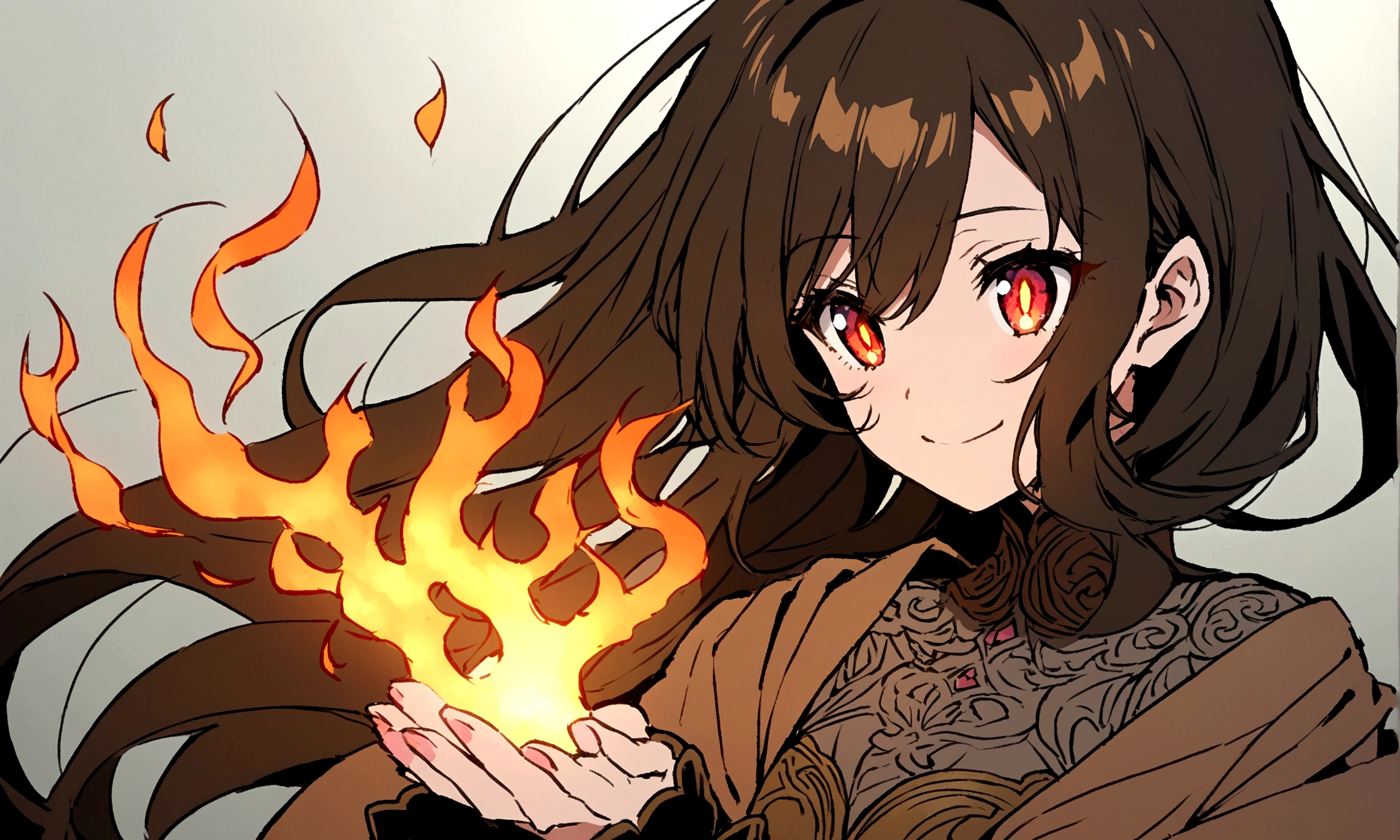 Anime woman with brown shoulder-length hair conjures with fire over her hands. Fire in her eyes and smiling.
