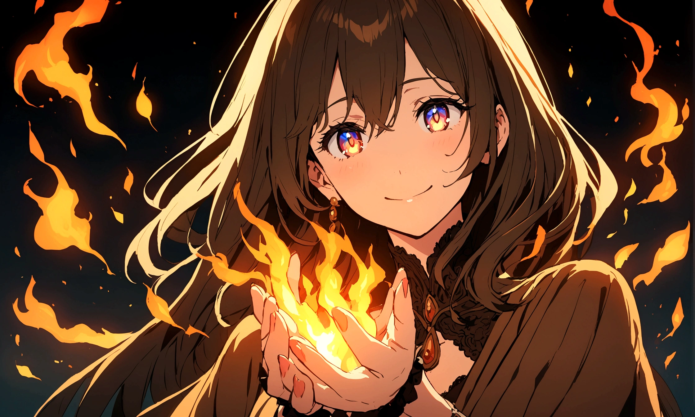 Anime woman with brown shoulder-length hair conjures with fire over her hands. Fire in her eyes and smiling.