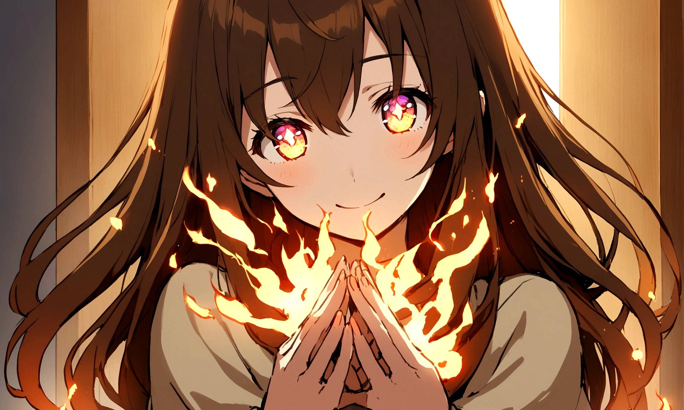 Anime woman with brown shoulder-length hair conjures with fire over her hands. Fire in her eyes and smiling.