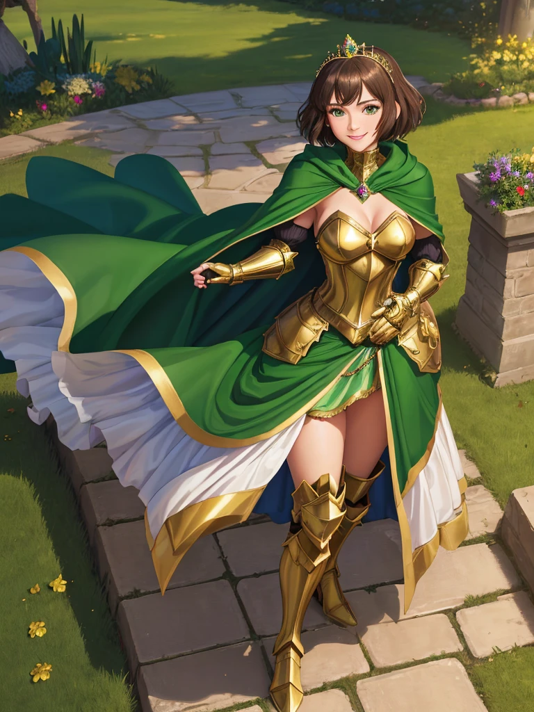 masterpiece, best quality:1.2), 1girl, smile, looking at viewer, green eyes, short brown hair, princess, armor, armored dress, green cloak cape, wearing puffy blue ballgown skirt, golden tiara with green gem, armored boots, fingerless gloves, standing in medieval garden