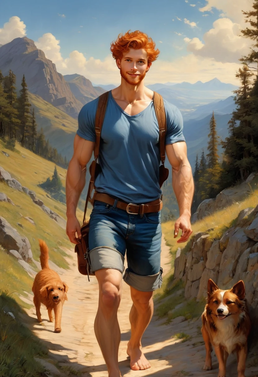 1 man walking on a mountain rural pathway  wearing lumberjack shirt, blue jeans, brown bots, blue indigo back bag, blue cap, smiling , by Aaron Horkey and Jeremy Mann, masterpiece, best quality, Photorealistic, ultra-high resolution, photographic light, illustration by MSchiffer, fairytale, Hyper detailed 
A mixture of photography and painting, Composition of Perfect Divine Proportione, 8k resolution fullbody image,(( view from the front)) full body, oil painting 
A young man, white skin, ginger, barbed, hairy body, thin face, straight nose, thin lips, square chin, large light blue eyes, short red wavy hair, in roberto ferri style, aesthetic slim athletic body, ginger realistic skin, gorgeous, detailed tonned muscles, barefoot, perfect anatomy, muscled fitness body, in caravagio+rubens+rembrant art style. Young man, perfect anatomy, , energetic splendid, Barefoot, naked, small flacid penis, slim and detailed muscles, shirtless, pantless, fullbody, 
 the composition of shadows and lights give an atmosphere of spaciousness,
he is walking on a mountain rural pathway  wearing lumberjack shirt, blue jeans, brown bots, blue indigo back bag, blue cap, smiling natural lighting, 
in the backgrund, moutains, clouds, sunrice a small brown dog
