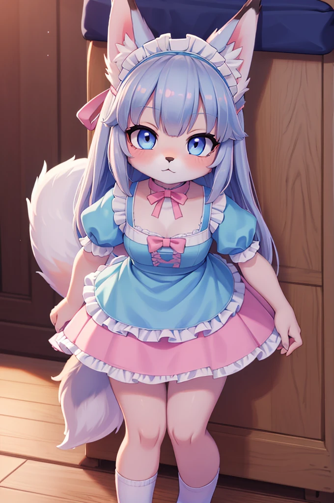 ((best quality)), ((masterpiece)), (Detailed) wolf girl in baby blue maid dress, fox girl in pink maid dress, 1 wolf girl and 1 fox girl