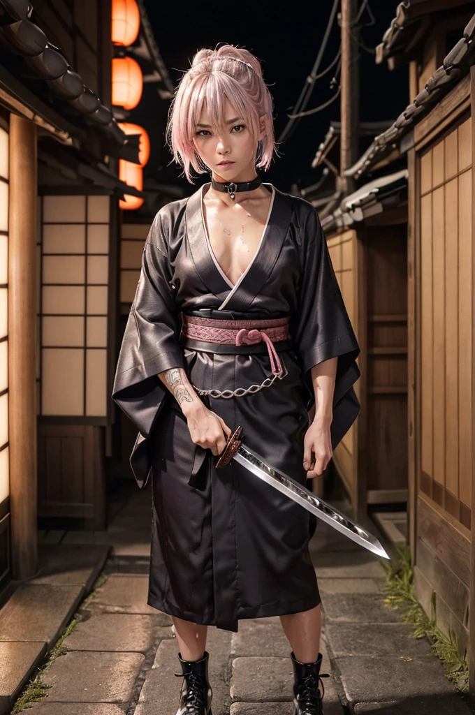 (Highest quality:1.2),32k HDR,High resolution,Perfect Anatomy,Wet and shiny white skin,Sweat dripping down my body,Slender model figure,Ahegao,Silver and pink hair,short hair,soaked through,Super small face,Collar and leash,Alley,Edo Town,photo shoot,Maid,((Japanese sword)),tattoo,((whole bodyにタトゥー)),(Arms covered in tattoos),((Collar with leash)),(Lockに繋がれた少女),Women in ecstasy,climax,Acme,Detailed skin texture, Detailed face, Fine grain,((whole body)),((艶やかなkimono)),(((nightの町))),((暗darkness)),((頭からfootまで)),((Lock帷子)),(((Lock))),(foot),(((Wrapped in a cloth))),((Thick-soled boots)),((大きなJapanese swordを構える)),(((Japanese swordを構える)),((kimono)),((Are standing)),((Wrap a cloth around your chest)),(((巨大なJapanese sword))),((Wear a black belt around your waist)),((花柄のkimono)),((Thin fabric)),((身長と同じくらいの大きさのJapanese swordを振りかぶる)),((night)),((Dim light)),((Glaring at the camera)),((Bold pose)),(((Restraints))),(((darkness))),(((moonlight))),,(((kimonoの上からLockを身体中に巻く:1.2))),(((Japanese sword:1.3))),((Lock)),((Hakama)),((Wrap the chain)),