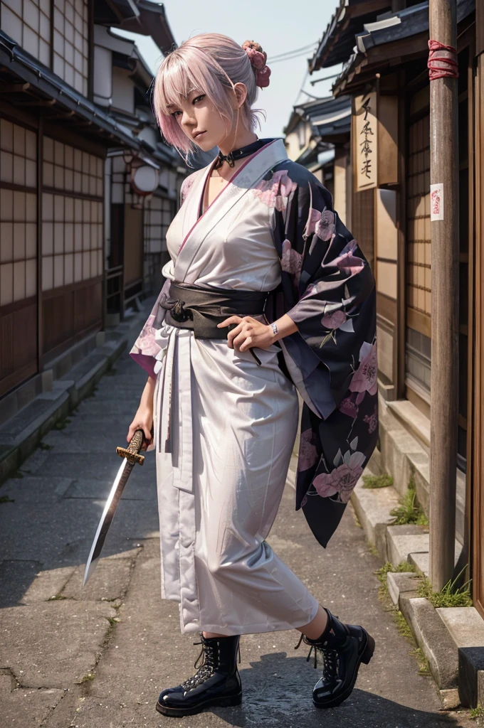 (Highest quality:1.2),32k HDR,High resolution,Perfect Anatomy,Wet and shiny white skin,Sweat dripping down my body,Slender model figure,Ahegao,Silver and pink hair,short hair,soaked through,Super small face,Collar and leash,Alley,Edo Town,photo shoot,Maid,((Japanese sword)),tattoo,((whole bodyにタトゥー)),(Arms covered in tattoos),((Collar with leash)),(Lockに繋がれた少女),Women in ecstasy,climax,Acme,Detailed skin texture, Detailed face, Fine grain,((whole body)),((艶やかなkimono)),(((nightの町))),((暗darkness)),((頭からfootまで)),((Lock帷子)),(((Lock))),(foot),(((Wrapped in a cloth))),((Thick-soled boots)),((大きなJapanese swordを構える)),(((Japanese swordを構える)),((kimono)),((Are standing)),((Wrap a cloth around your chest)),(((巨大なJapanese sword))),((Wear a black belt around your waist)),((花柄のkimono)),((Thin fabric)),((身長と同じくらいの大きさのJapanese swordを振りかぶる)),((night)),((Dim light)),((Glaring at the camera)),((Bold pose)),(((Restraints))),(((darkness))),(((moonlight))),,(((kimonoの上からLockを身体中に巻く:1.2))),(((Japanese sword:1.3))),((Lock)),((Hakama)),((Wrap the chain)),