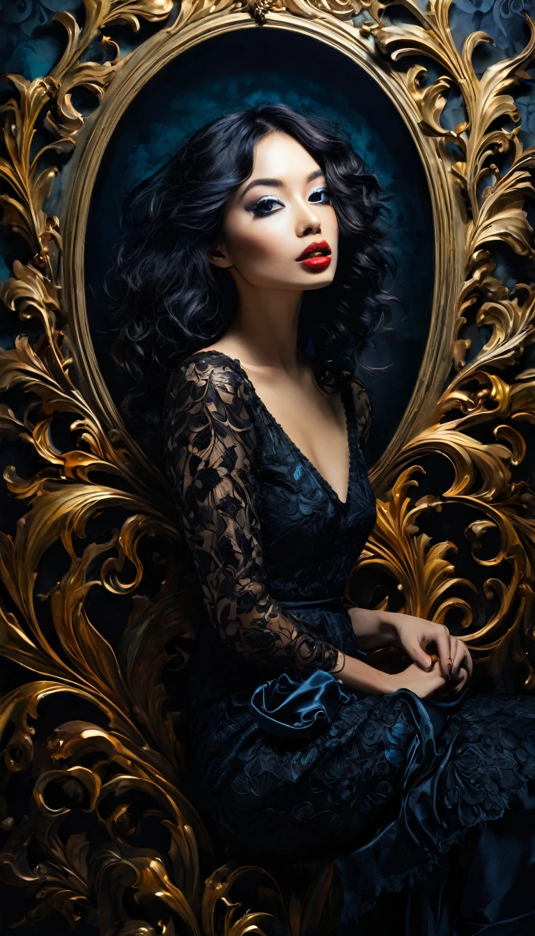 (best quality,4k,8k,highres,masterpiece:1.2),ultra-detailed,(realistic,photorealistic,photo-realistic:1.37),intricate details,vivid colors,sharp focus,professional,Dave McKean artwork, oil touch of surrealism,oil painting style,portrait,woman,beautiful detailed eyes,beautiful detailed lips,dreamlike atmosphere,shadow play,soft lighting,playful pose,minimalist room,dark hues,ethereal background,fantasy elements,texture,layered composition.
