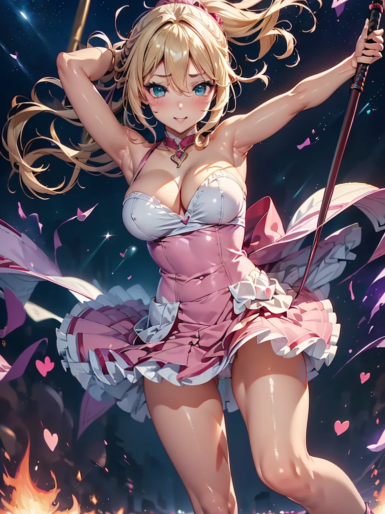 nsfw:1.1, high resolution:1.7, incredibly absurdres, kawaii:1, cute:1.5, hires.fix,anime visual:1,incredibly fine illustration,8k,masterpiece:1.2,best quality, high quality, exquisite, beautiful,insanely detailed, intricate detailed, extremely detailed, Super Definition,ultra high res, Super Resolution, best aesthetic, ultra detailed:1.5,best quality, perfect face, detailed face, masterpiece:1.2, illustration:1.2, 8k cg wallpaper, stunning art,absurdres,octane render,ultra hires,
Japanese Actress,(Idol),18yo,Beautiful,(Cute and lovely),cute girl,((anime elf with extremely cute and beautiful blonde hair)),((((blonde hair:1.35,colored inner hair,ear breathing)))),(((green_eyes:1.3))),intricate eyes,beautiful detailed eyes,symmetrical eyes,big eyes:1.5,enchanting bright eyes studded with gold and silver dust,(((pinky skin,glowing_skin,lustrous skin:1.5,bright skin: 1.5,skin tanned,shiny skin,very shiny skin,shiny body,plastic glitter skin,exaggerated shiny skin,illuminated skin))),upward breasts,waist slender,(detailed body,(detailed face)),cute,daring,zettai ryouiki,show skin,best relationship with four fingers and one thumb,Very Fine Face and Eyes,Very Fine Hair,(Perfect Anatomy),((girl trembling with sexual climax)),parted_lips,plump lips,Garter Belt,Bare shoulders,Check out our thru-rack chokers and midi rings with chains,white side-tie panties,
1girl,(magical girl flying in the night sky),(Holding a magic wand:1.3),Are standing,(cleavage),(thigh focus),pink long blonde,ponytail,Accurately drawn face,(intricate pink and white dress),Layer Dresses,super mini skirt,(I can see your butt),white leather knee high boots,torn clothes,broken clothes,vivid contrasting colors,intricately designed details,(heart shaped pink effect:1.5),(dynamic pose),(Ghost Smile),(open your arms:1.5),(Sparks dance in the night sky:1.3),(purple flame:1.5), (red fire:1.5),(purple flame katana:1.3), (swing a purple flame sword:1.3),
battle,fight,(action pose: 1.4),(vengeful spirit come's attac