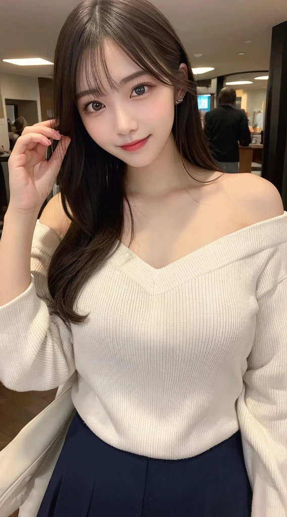 Tabletop, Highest quality, shape, Very detailed, finely, High resolution, 8K壁紙, 完璧なダイナミックな構shape, Beautiful and detailed, Off-shoulder Dreal chest, Natural color lip,優しいsmile,20-year-old girl、美しくDetailed face、Perfect and beautiful face,Big eyes、美しくDetailed face、Perfect and beautiful double eyelids、Blur the background、Feminine poses、Slim face and figure、Straight hair, (masterpiece, Highest quality, Very detailed, Detailed face, 8K)、Actual Photos(Best image quality)、smile,Shot from under the skirt