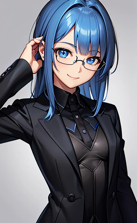 (Face:1.5)、(masterpiece:1.5、Photorealistic:1.4,anime coloring:1.4、high resolution:1.4)、,(spot light:1.2、Exquisite beautiful eye:1.5,)、(stand:1.5)、()、(upper body:1.5)、
(kind eyes、tareme:1.4),(glasses:1.5)、(Cute Face)、(blue hair:1.5)、(middle hair:1.5),(sidelock :1.6),(blunt bangs:1.3),(1 girl)、(blue eyes:1.2)、(light smile:1.5),()、(solo)、() ,(),(small breasts),(),(black suit:1.5),()、()、()、Slim Body(),Shiny Hair、
