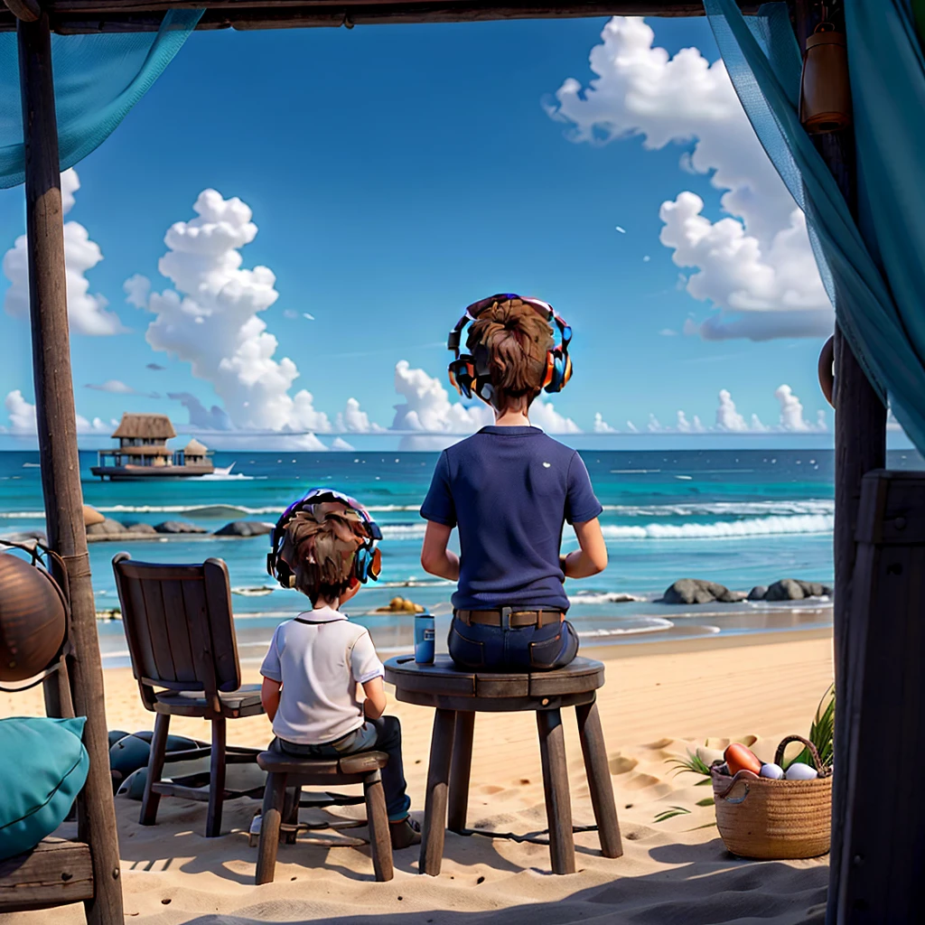 A single boy sitting in a public chair in a beach with casual outfits who is listening to music with his headphones seen from a 400 metre of distance from his back but his face cannot be seen and there is no one there but him and there is only a big ocean with no banks in front of him and there is no man made structure nor peoples.