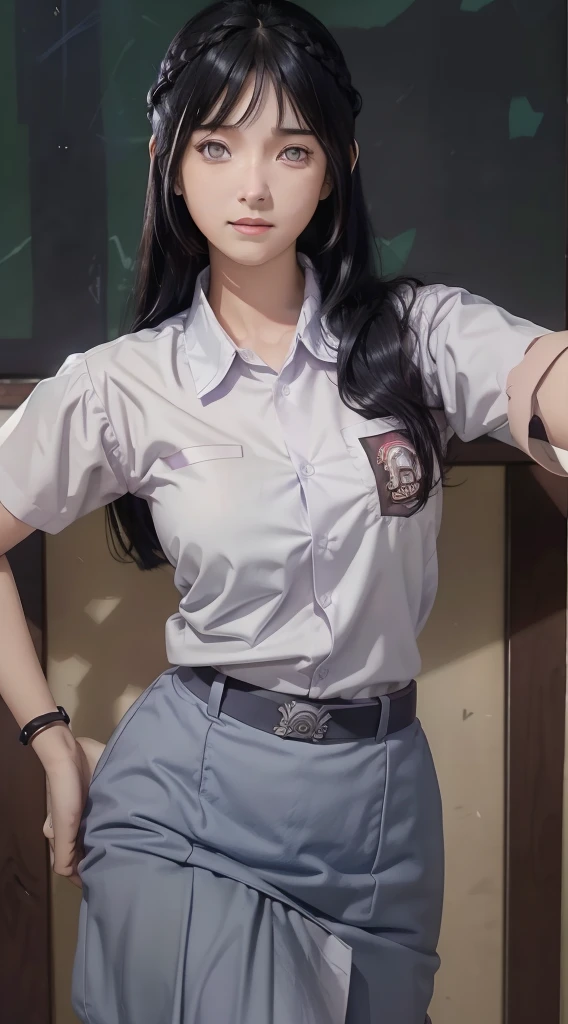 masterpiece, best quality, ultra-detailed, illustration,1girl,
long hair, dark blue hair, french braid, purple eyes, blunt bangs,
Wearing chostum uniform school SMA indonesia, stylish,
medium breast,
looking at viewer, hinata\(shippuden\)1girl photo of woman, selfie style in front of a DSLR camera, high resolution, clear photo quality, HD with white eyes byagugan, striking. His skin is white, and long straight black hair. This character is Hinata Hyuga, the anime Naruto Shipunden. beautiful and smooth face, original hinata character, realistic, very real byagugan eyes, purpil eye color white to faded purple detailed, perfect body, thin smile expression, perfect face, detailed, (pp clothes), (realistic), girl standing, crying , class situation, glanced at the audience.
RAW, Best quality, high resolution, work: 1.3), Young girl, realistically rendered, beautiful, posing facing the viewer's camera, showing perfect facial details, seductive cute expression, in the classroom, ((high school outfit)), orgasm, high resolution, 4k, HDR, 1girl, photorealistic, realistic, big tits, ((half body)) facing viewer, close-up, classroom,
