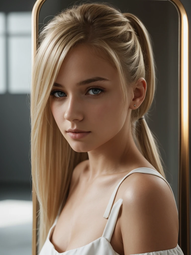 Top Quality, masterpeace, extra high resolution, (Photorealistic:1.4), Raw, 1 girl, blonde woman, blond hairbl, hair in pony tail, Brown eyes, breast_M, solo, 15yo, off-shoulder, black dress, standing and looking into a mirror, back towards camera, reflection of her face from the mirror, indoors, bokhen background, Shiny hair, eye highlights, Low key, Cold light, Fujifilm XT3, (high quality:1.3), (ultra detail:1.3), (high resolution:1.3), [[chromatic aberration]], best shadow, photorealism, hyperrealism, crystal clear, Cinematic lighting, volumetric lighting, (film grain:1.2), 1 girl, 8K, solo