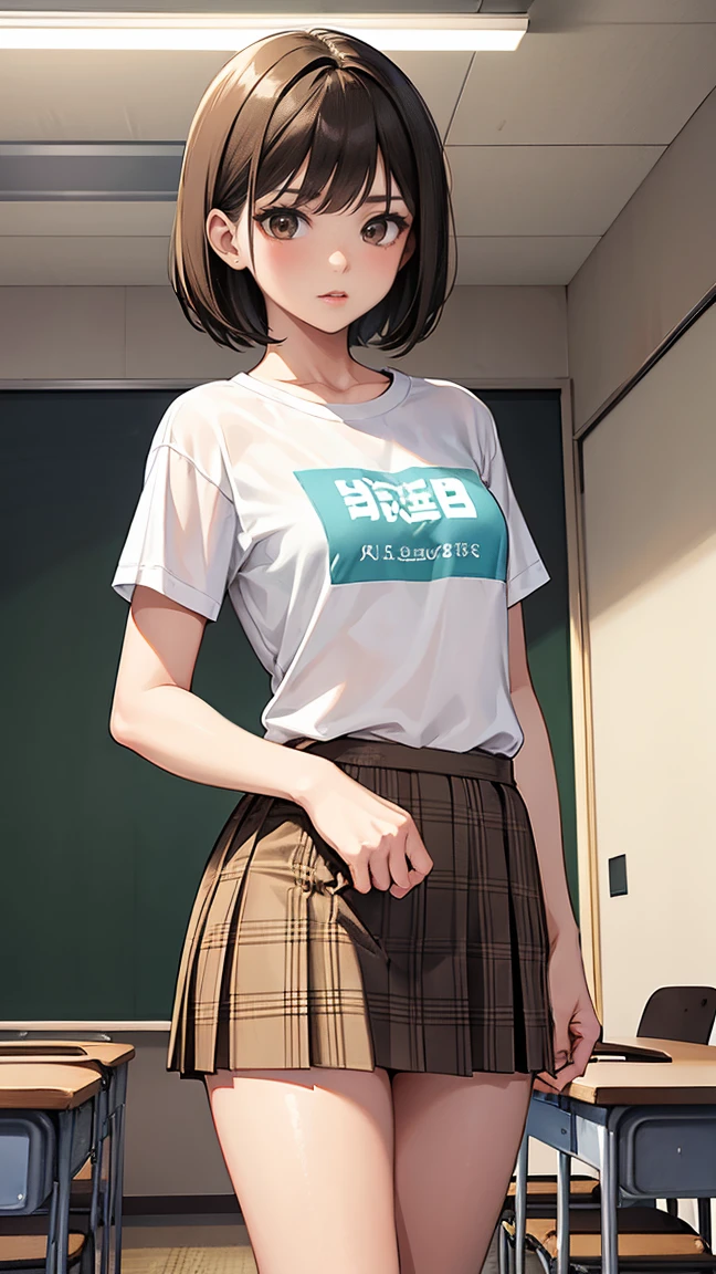 (1 female), short bob hair, 18 years old, Japanese, brown eyes, brown hair, slim, (flat chest), high school girl, classroom, plain see-through T-shirt: 1.5, (mint green bra: 0.6), plaid skirt, bra visible under clothes, T-shirt peeking out from under skirt