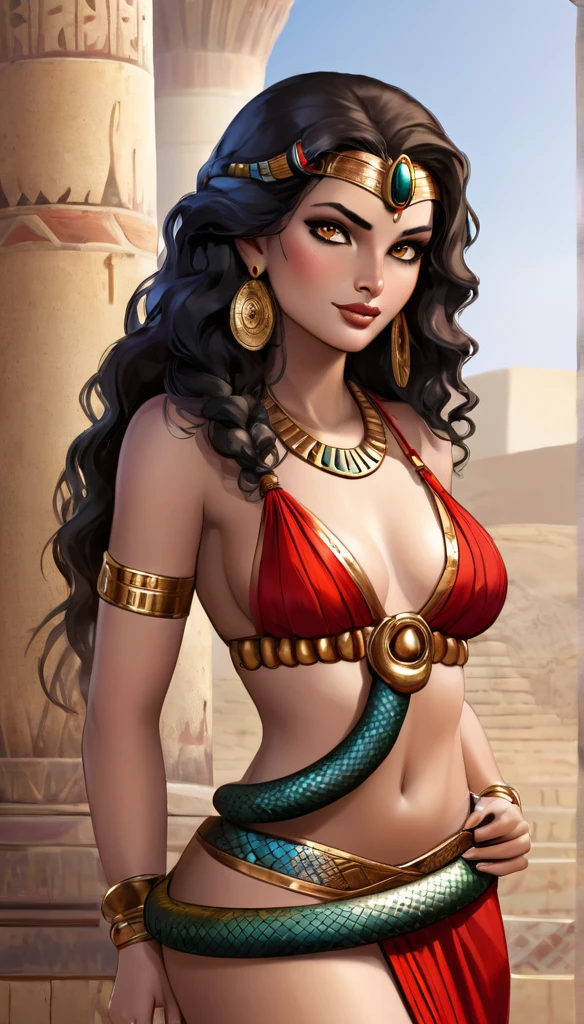 Femme égyptienne, corps sexy, a l'Égypte antique, avec une très forte poitrine, a la peau de serpent, dans un temple égyptien, porte une robe rouge et maron couleur sable, moule le corps, vêtements transparent, femme avec de long cheveux raide noirs orné de nombreux bijoux,  la femme est très enceinte de serpent, sa poitrine est gonflé de lait, la femme a des crochets de serpent visible lorsqu'elle sourit, la femme a des yeux doré a pupilles reptilienne, la femme et une femme serpent