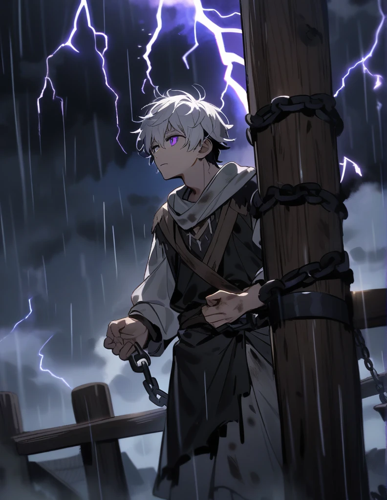 small Greek boy with white hair, with violet eyes, wearing dirty and slightly torn country clothes, chained by his hands to a wooden post, looking at the sky on a rainy night with storms and lightning